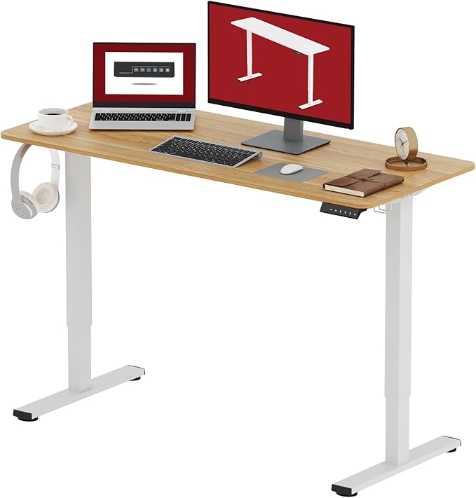 SANODESK Electric Standing Desk 48x24 Inch Height Adjustable Stand Up Desk Home Office Computer Workstation Sit Stand Home Office Desk with Splice Board (White Frame + Maple Top)
