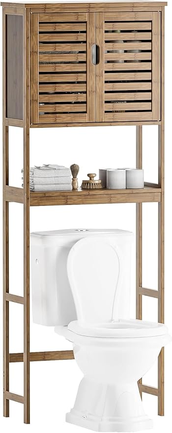 SMIBUY Bathroom Storage Shelf with Cabinet, Bamboo Over-The-Toilet Organizer Rack, Freestanding Toilet Space Saver with 3-Tier Adjustable Shelves (Walnut)