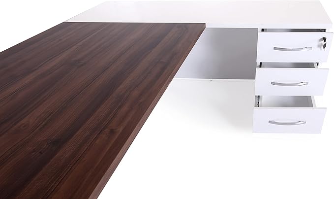 Leon 87" Wood Executive Large Desk for Home Office | Executive Right Side L Shaped Corner Desk & File Drawers w/Telescopic Rail | Modern Business Furniture | White & Brown