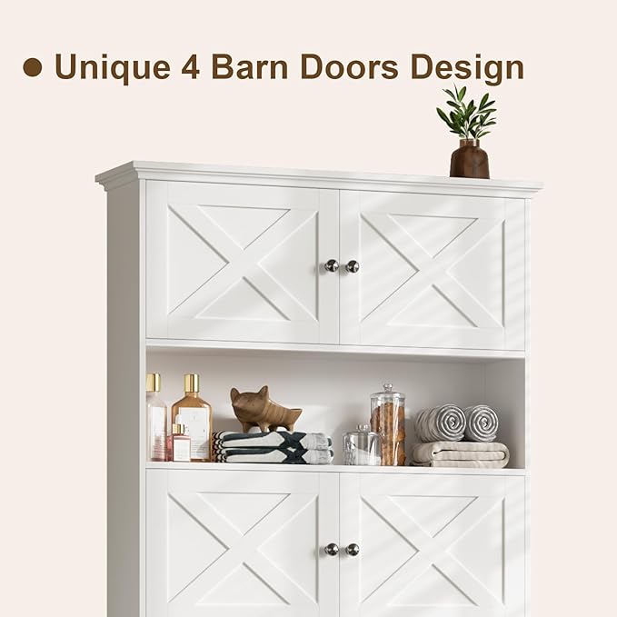 Over The Toilet Storage Cabinet, Farmhouse Storage Cabinet Over Toilet with 4 Barn Doors & Toilet Paper Holder Stand, White Toilet Shelf Home Space Saver for Restroom, Bathroom, Laundry