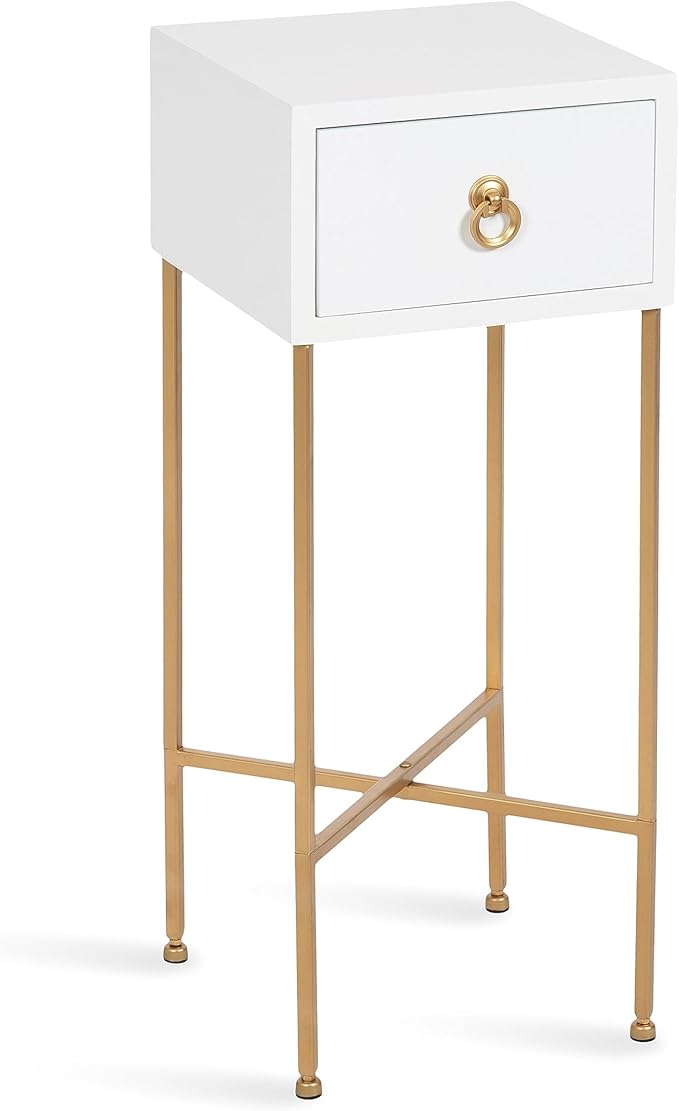 Kate and Laurel Decklyn Decorative Glam Tea Table; 12 x 12 x 30; White and Gold; Modern Living Room Drink Table with Pull Drawer for Useful Storage