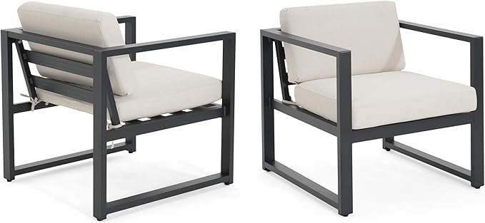 Christopher Knight Home Navan Set of 2 Outdoor Patio Club Chairs with Cushions, Aluminum Outdoor Armchair, Garden Sofa Lounge Chairs, Patio Conversation Set for Porch Backyard Garden, Beige+Black