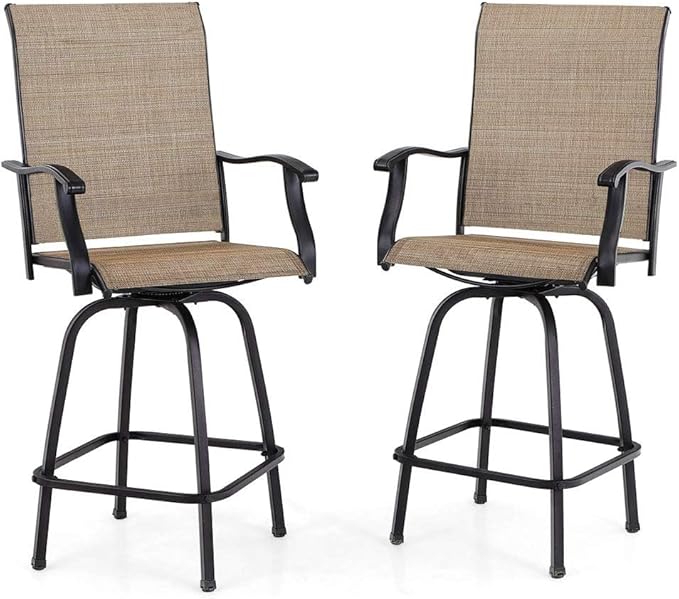 PHI VILLA Outdoor Swivel Bar Stools Set of 2, Bar Height Patio Chairs 30" Seat Height with All-Weather Brown Textilene Fabric, Tall Patio Chairs Furniture for Outside, Deck, Yard and Garden