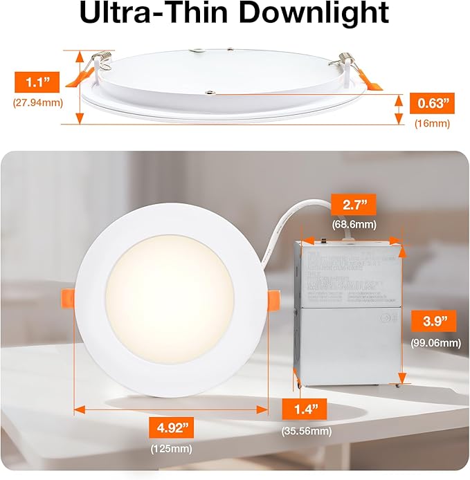 Sylvania 4" Slim Microdisk Downlight, 10W, 5 CCT Select (2700K - 5000K) Recessed Lighting, 700 LMS, 90 CRI, Dimmable, Wet-Rated, White - 6 Pack (61189)