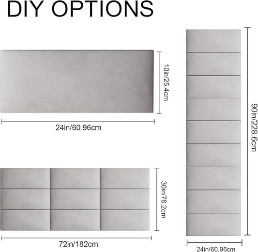 Upholstered Wall Mounted Headboard, 3D Soundproof Panels Peel and Stick for King Size, Adjustable Bed, Tufted, Light Grey (12 Panels, 10" x 24")