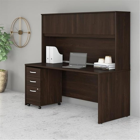 Pemberly Row Engineered Wood 72W x 30D Desk w/Hutch & Drawers in Black Walnut