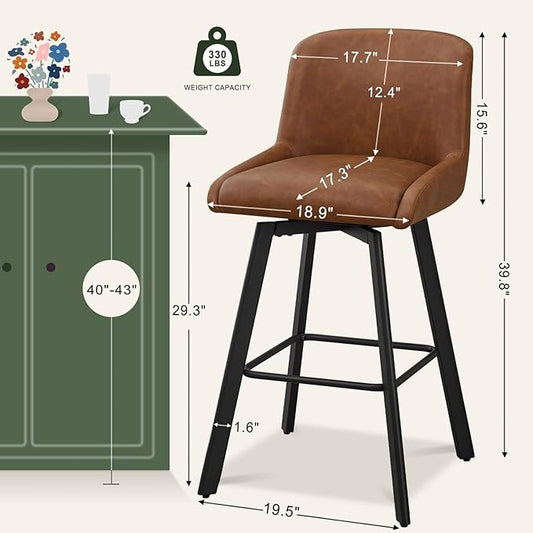 Swivel Bar Stools Set of 4, 30''H Upholstered Barstools with Backs, Modern Counter Height Bar Stool Chairs for Kitchen Island, Metal Legs, Faux Leather, Brown Counter Stools
