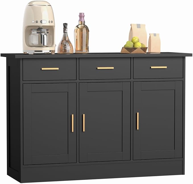 Buffet Cabinet with Storage - Buffets & Sideboards Kitchen Storage Cabinet, Wood Console Table Coffee Bar Accent Cabinets for Living Room Dining Room Entryway Large 3 Doors & Drawers, Black 47.2"W