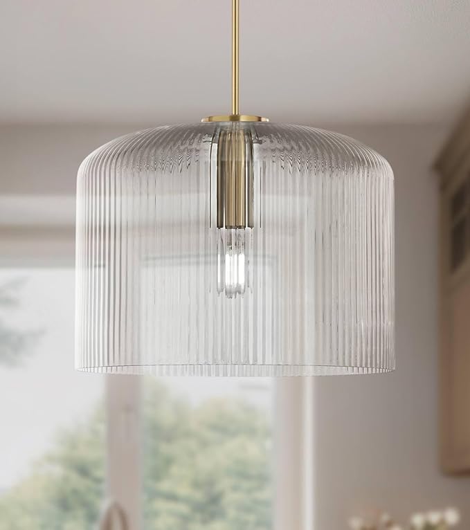 Possini Euro Design Lallie 18" Modern Art Deco Pendant Ceiling Light Fixture Dining Room Over Table Kitchen Island Foyer Drum Hanging Warm Brass Finish Ribbed Glass Hallway Entryway Living Room