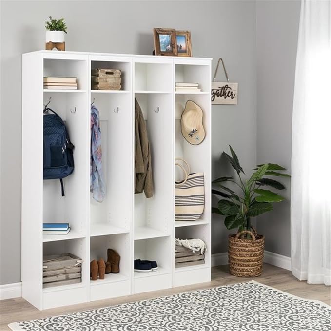 Prepac Narrow Coat Rack Freestanding Hall Tree with 3 Hooks, Entryway Furniture for Coat & Shoe Storage, Entryway Organization with Adjustable Shelf, 14.75"W x 72.5"H x 15.5"D, Set of 4, White