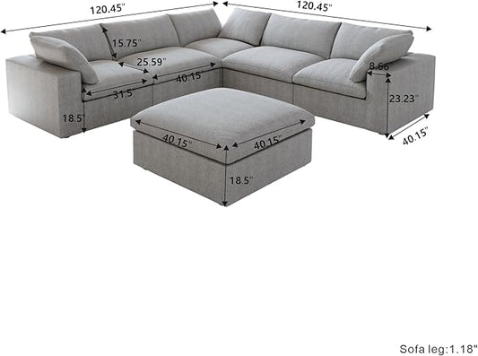 Cloud Modular Sectional Sofa for Livingroom,Large Down Filled Comfort Corner Sectional Sofa Couch with Ottoman,Wide Deep Seat Convertible Couches for Office Apartment,V Shaped,Grey