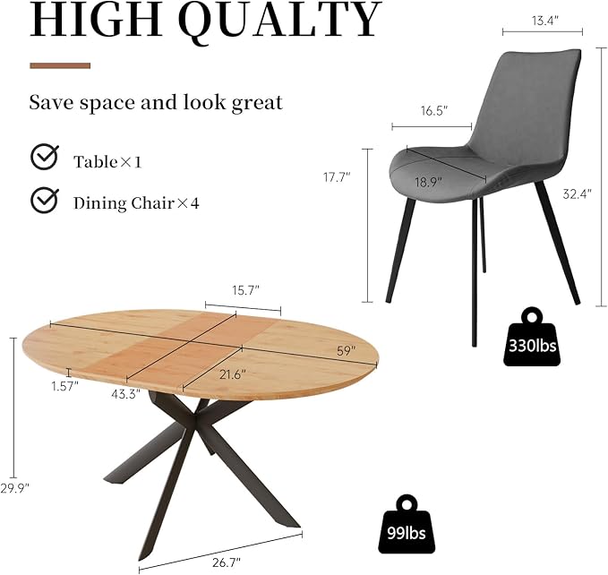 43.2"-59.1" Extendable Round Dining Table for 4-6 Person, Modern Wooden MDF Round Kitchen Table, Oak Coffee Table w/ 4 PU Leather Chairs