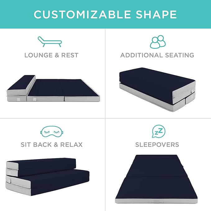 Best Choice Products 4in Portable Full-Size Mattress, Tri-Fold Mattress for Camping, Guest, Toddler, Foam Plush w/Carry Case - Midnight Blue