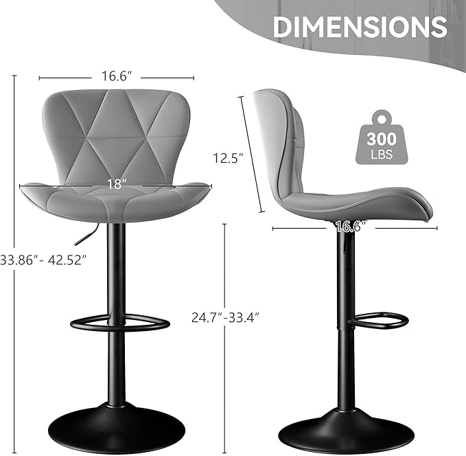 Bar Stools Set of 6,Adjustable Swivel Barstools, Faux Leather Bar Chairs,Upholstered Counter Height with High Backrest for Kitchen Island, Light Grey