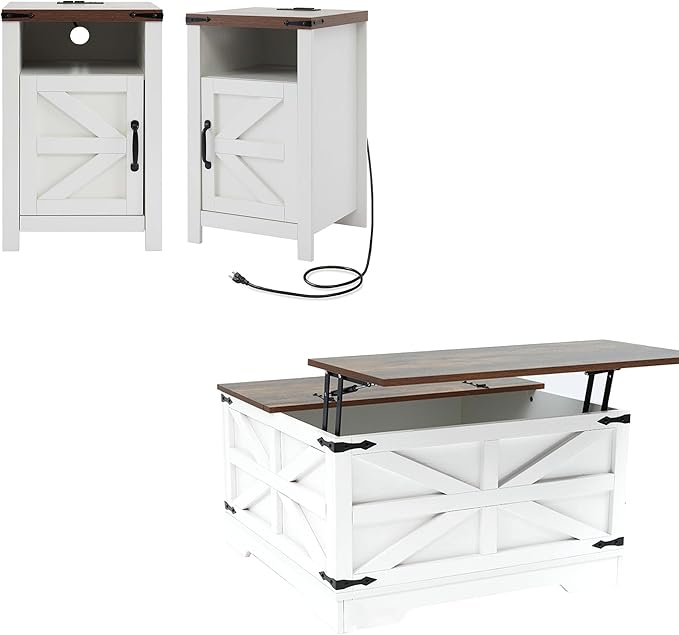 Farmhouse Coffee Table Set of 3, Lift Top Coffee Table with Sliding Barn Doors and End Tables Set of 2 with Charging Station, Living Room Table Set for Home Office, White