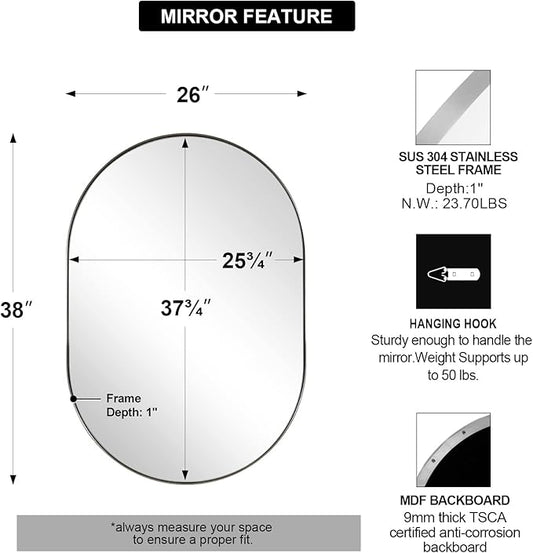 ANDY STAR 26x38’’ Brushed Nickel Oval Bathroom Mirror, Pill-Shaped Nickel Mirror Metal Framed, Stainless Steel Anti-Rust, Wall-Mounted Vertical/Horizontal