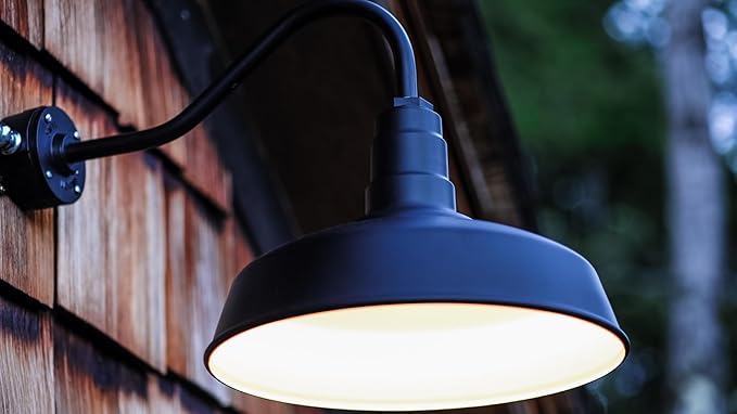 Steel Lighting Co. Gardena Barn Light | Outdoor Wall Mounted | 16" Dome | 11" Gooseneck | Farmhouse Light Made in America | Matte Black Exterior/Matte Black Interior