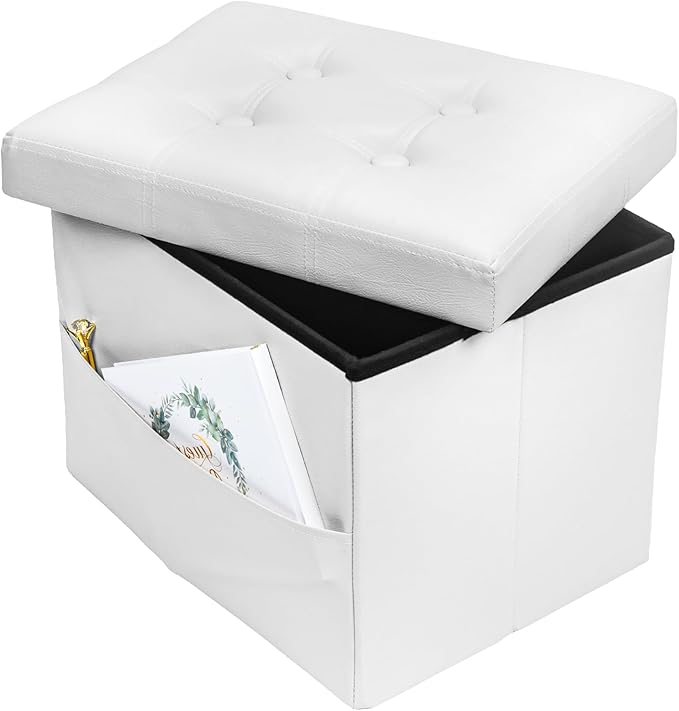 Storage Ottoman Foot Rest Stool, Small Leather Storage Ottomans Bench, Folding Footstool with Side Pockets, Foot Rest Under Desk for Living Room Bedroom, 16x12x12 in, White