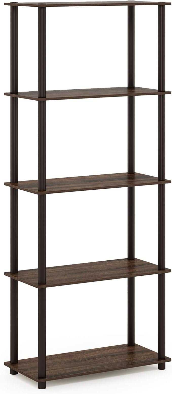 Furinno TURN-N-TUBE Storage Shelves, 5-Tier Book Shelf, Corner Shelf, Toolless Open Shelves, for Organization and Storage, Living Room, Garage, Home Office, Walnut