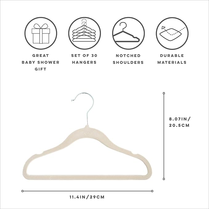 3 Sprouts Velvet Baby Hangers - Non-Slip Hanger for Infant, Toddler, Baby Clothes - Closet Kids Hangers with Slim Design, Nordic Colors, Pack of 30 - Beige