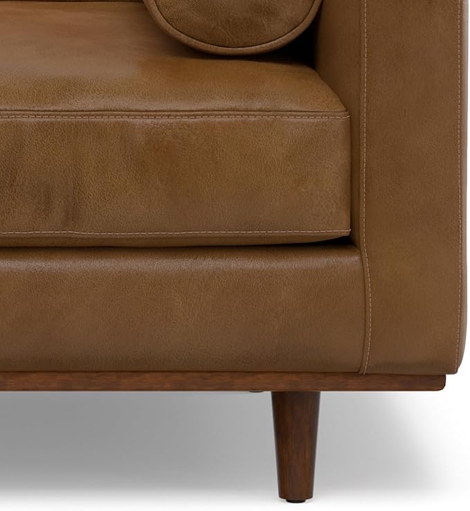 SIMPLIHOME Morrison Accent Chair - 43 inch Wide Upholstered Top Grain Genuine Leather Mid-Century Modern Arm Chair with Solid Wood Frame in Caramel Brown, for Living Room with 2 Bolster Pillows