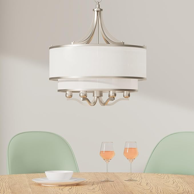Possini Euro Design Luxe Nickel Pendant Light - 6 Light, Brushed Nickel Finish, White Organza Shade, Luxe Modern Pendant for Kitchen Islands, Dining Rooms, and Living Rooms - 26" Wide, 23" High