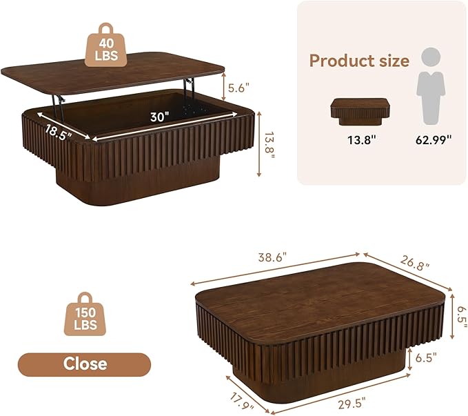 Lift Top Coffee Table for Living Room, Fluted Coffee Tables with Storage, Solid Wood Veneered Modern Accent Tea Center Table for Small Space Apartment (Walnut-38.6''D×26.8''H)