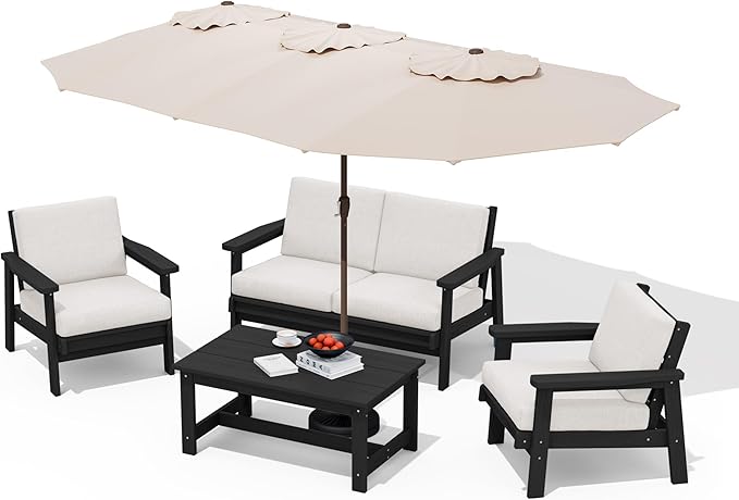 SERWALL HDPE Patio Furniture Set with 15FT Double Side Patio Umbrella, All Weather Wood-Like Outdoor Sofa Sectional Couch, Black Patio Furniture with Khaki Cushions