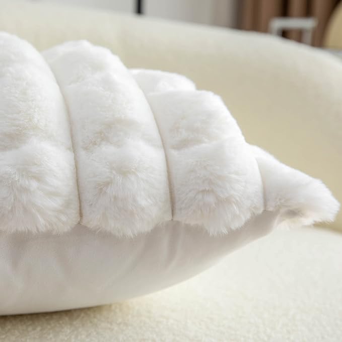 Neelvin Cream White Faux Fur Cozy Soft Plaid Decorative Throw Pillow Covers 12x20 inch Set of 2,Velvet Pillowcase Cushion Case for Sofa Couch