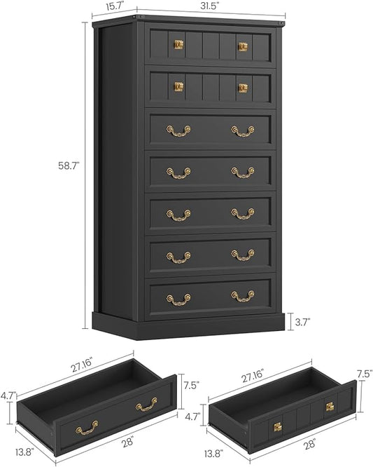 AOGLLATI Farmhouse Dresser with 7 Drawers, 58.7”Tall Wooden Chest of Drawers with Natural Texture, Vintage Design, Black Dresser for Bedroom, Black