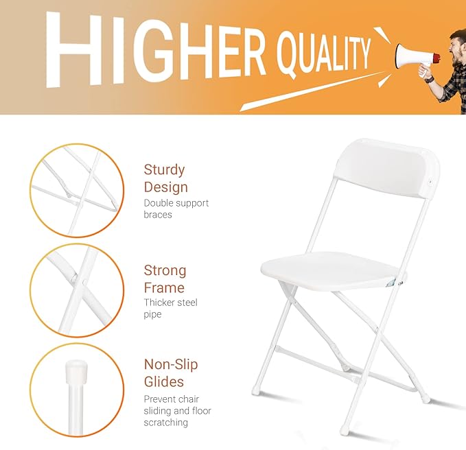 VINGLI 5 Pack White Plastic Folding Chair, Indoor Outdoor Portable Stackable Commercial Seat with Steel Frame 350lb. Capacity for Events Office Wedding Party Picnic Kitchen Dining