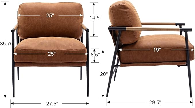 Mid-Century Accent Chair Set of 2, Soft Armchair PU Leather Lounge Chair with Black Metal Legs, Upholstered Leisure Chair for Living Room Bedroom Reception Room, Brown