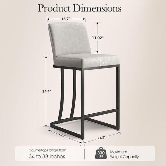 Sophia & William Light Grey Bar Stools Set of 4, Counter Height 24" Bar Stools with Back for Kitchen Island, Modern Faux Leather Bar Chairs