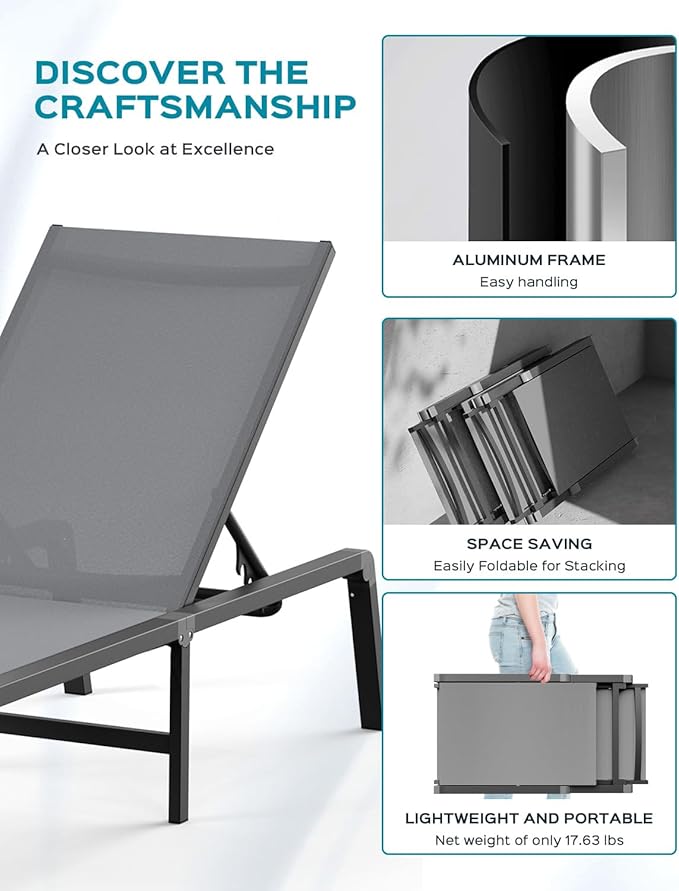 Patio Chaise Lounge Chair Set of 4, Foldable Lounge Chair for Outside, Aluminum Chairs with 5 Adjustable Backrest, Outdoor Pool Lounger for Poolside, Patio, Deck, Grey
