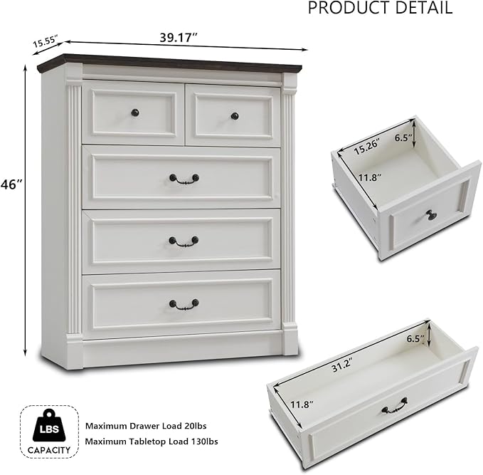 Farmhouse 5 Drawers Dresser for Bedroom, 46" Tall Dressers & Chests of Drawers w/Roman Column, Large Storage Dressers Organizer for Bedroom, Hallway, Living Room, White