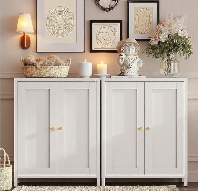 Bathroom Storage Cabinet, Metal Sideboard Cabinet, White Bathroom Floor Cabinets with 2 Doors and Adjustable Shelves for Kitchen, Living Room, Entryway,Office (White, 31.5" H)