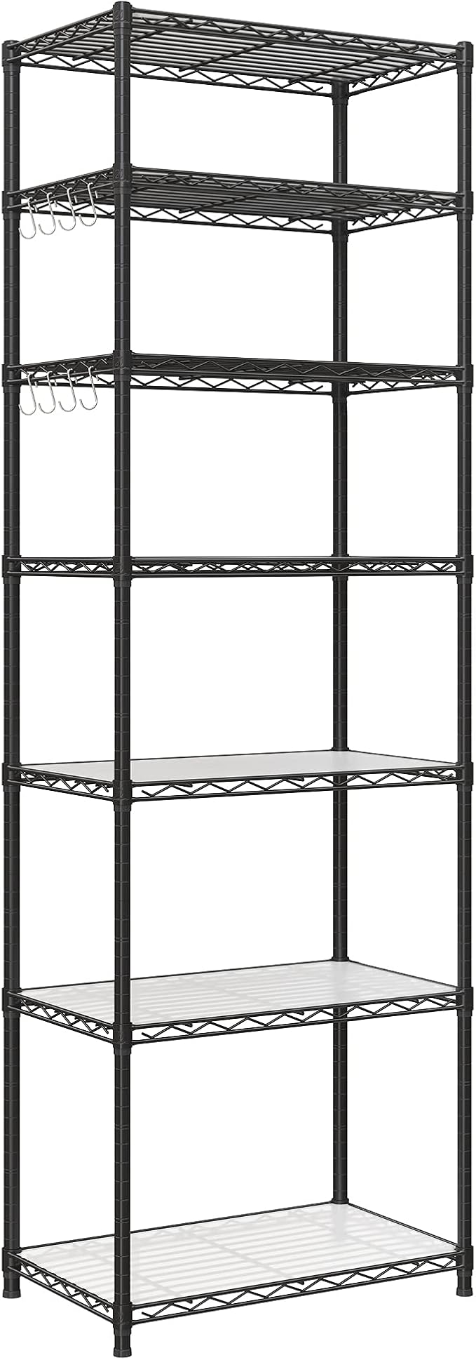 SONGMICS 7-Tier Storage Unit, Wire Shelving, Kitchen Metal Rack With Adjustable Shelves, Shelf Liners, 8 Hooks, for Garage, 13.4 x 23.2 x 70.9 Inches, Black ULGR067B01