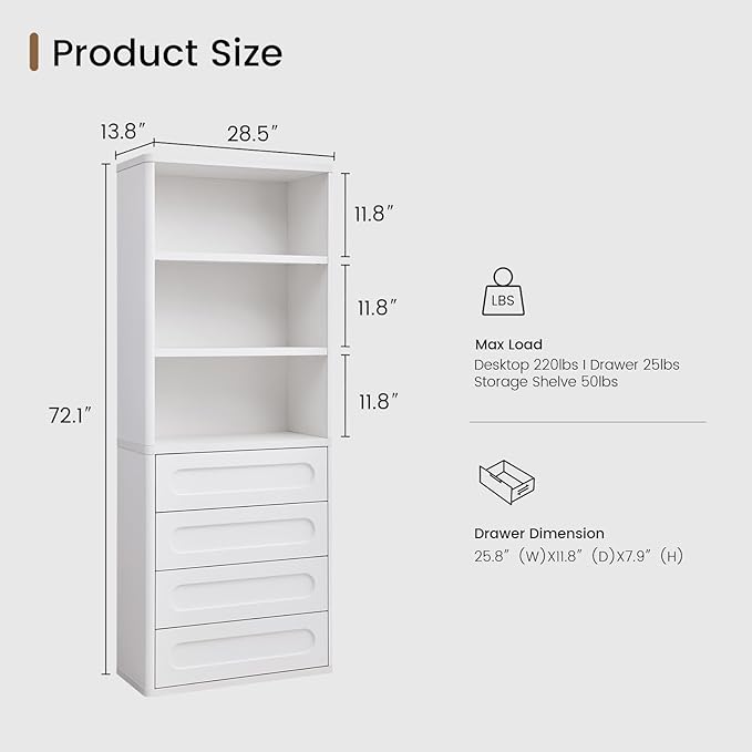 Bookcase with 4 Drawers, 72.1" Tall Bookshelf with 3 Storage Shelves, Large Bookshelves Cabinet for Living Room, Bedroom, Home Office (White)