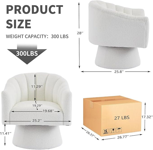 Swivel Accent Chair,Upholstered Teddy 360° Swivel Barrel Chair for Living Room Overstuffed Bouncle Reading Chair Round Armchair for Bedroom,Vanity,Office-White