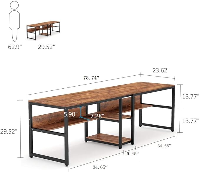 Tribesigns Two Person Desk with Bookshelf, 78.7 Computer Office Double Desk for Two Person, Rustic Writing Desk Workstation with Shelf for Home Office (Brown)