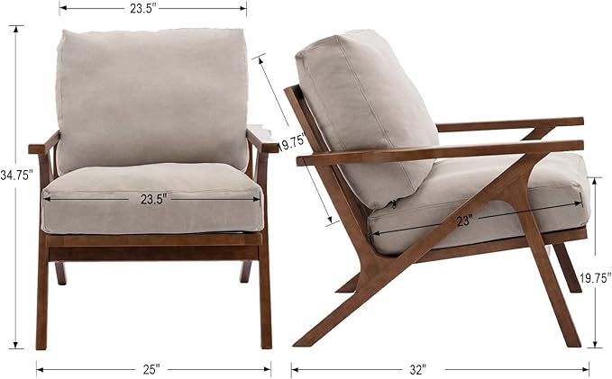 Wahson Mid Century Armchair, Accent Armchair, with Wood Frame and Canvas Cushions, Leisure Slipper Chair for Living Room/Bedroom, Beige