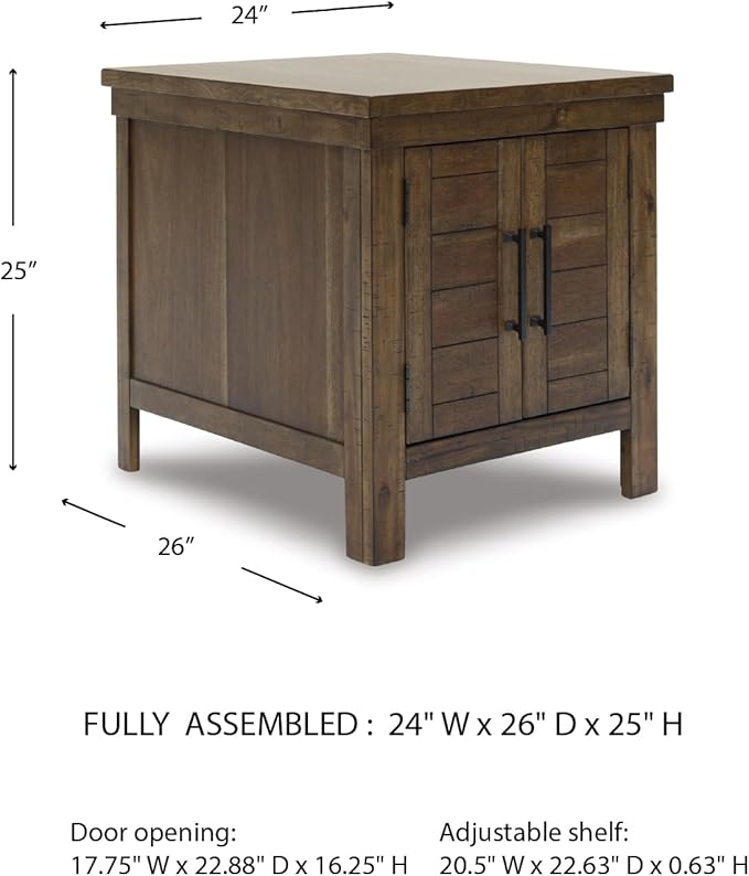 Signature Design by Ashley Moriville Rustic Farmhouse Rectangular End Table with Dual Cabinet Doors, Antique Bronze-Tone Hardware, Wood, 25" High, Brown