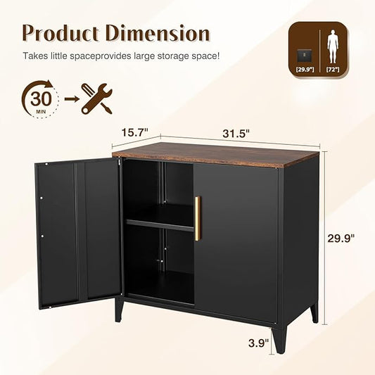 Letaya Storage Cabinet with 2 Doors,Adjustable Shelf, 16" Dx 32" Wx30 H Inches,Metal Small Buffet Sideboard Cabinet for Entryway, Kitchen (Black)