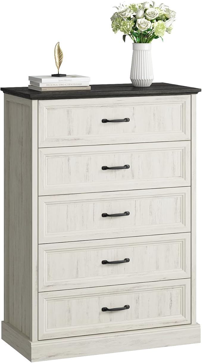 CARPETNAL Farmhouse 5 Drawers Dresser for Bedroom, 44" Tall White Dresser Wood Rustic Chest of Drawers with Wide Metal Handle,Natural Texture,Drawer Organizer for Bedroom,Living Room,Hallway