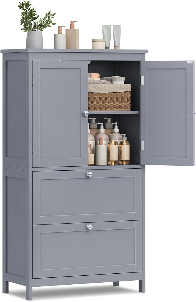 VASAGLE Floor Storage Cabinet, Freestanding Storage Unit with 2 Drawers and 2 Doors, Adjustable Shelf, 11.8 x 23.6 x 43.3 Inches, for Entryway, Bathroom, Dove Gray UBBC551G02