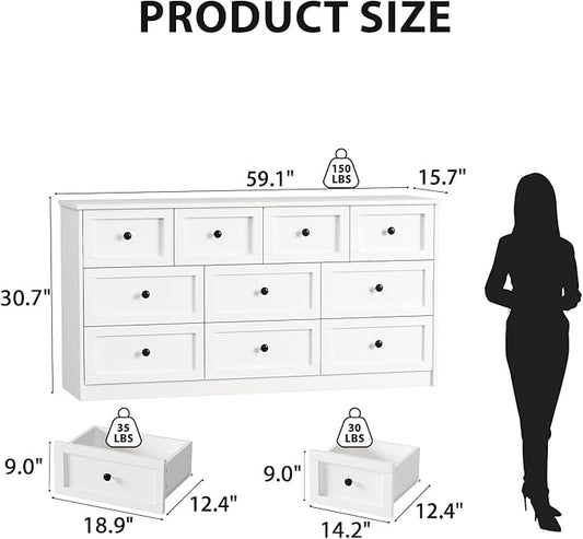 CHUWELL 10 Drawer Double Dresser for Bedroom, 59.1" Wide Dressers & Chests of Drawers with Large Capacity Storage, Dresser for Bedroom(White)