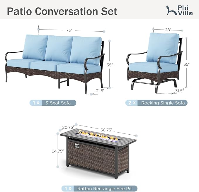 Patio Furniture Set with 56" Fire Pit Table, Premium Outdoor Wicker Metal Frame Furniture with Upgraded Waterproof Thick Cushions for Porch, Poolside, Deck, and Yard (4 Pieces,Blue)