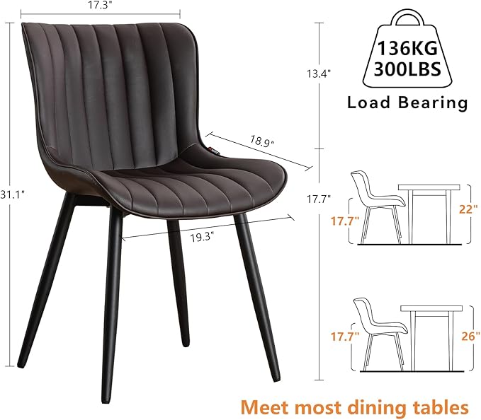 YOUNUOKE Dining Chairs Set of 2 Upholstered Mid Century Modern Kitchen Chair Comfortable Armless Faux Leather Accent Chair with Metal Legs for Guest Waiting Reception Living Room, Dark Brown