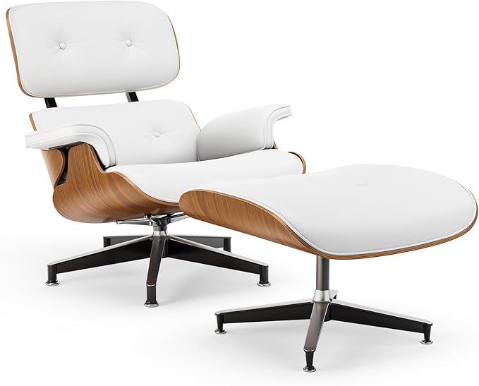 Top White PU Leather, Mid Century Chaise Lounge Chair and Ottoman, Modern Chair Classic Design, Walnut Wood, Heavy Duty Base Support for Living Room Office