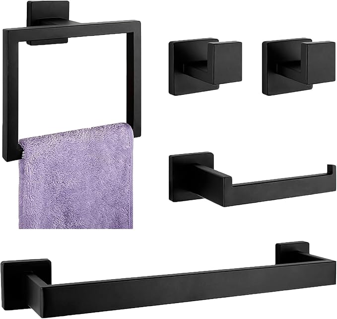 16 in Matte Black Bathroom Accessories Set, Bath Towel Bar Set, Stainless Steel Bathroom Hardware Set, Towel Racks for Bathroom Wall Mounted 5 Pcs (Black)